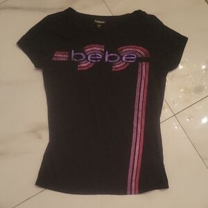 Bebe Black Short Sleeve Tee with Pink Accents